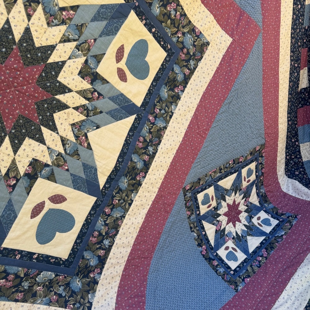 Handmade Vintage Quilt Queen Blue Red Lone Star Heart Floral Patchwork 82x102" - Picture 4 of 16